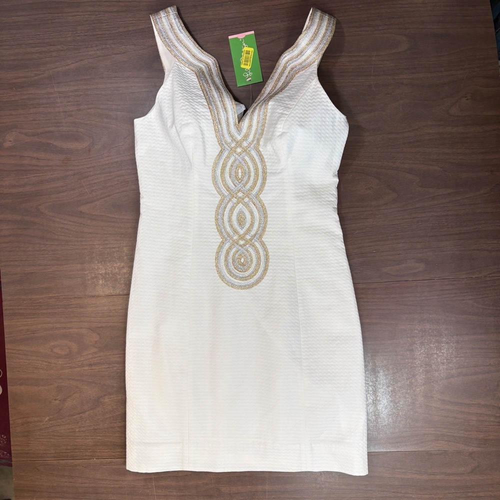Lilly Pulitzer NWT Valli Shift Dress Resort White Gold Silver Embroidery Sz 00